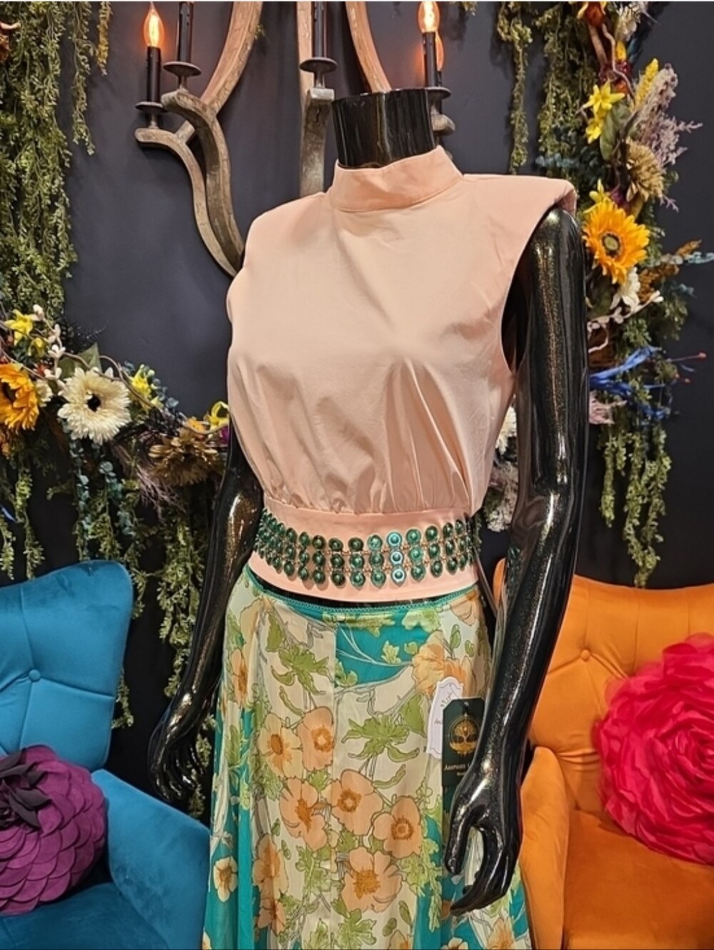 Express Peach Sleeveless Blouson Top with Embellished Waist